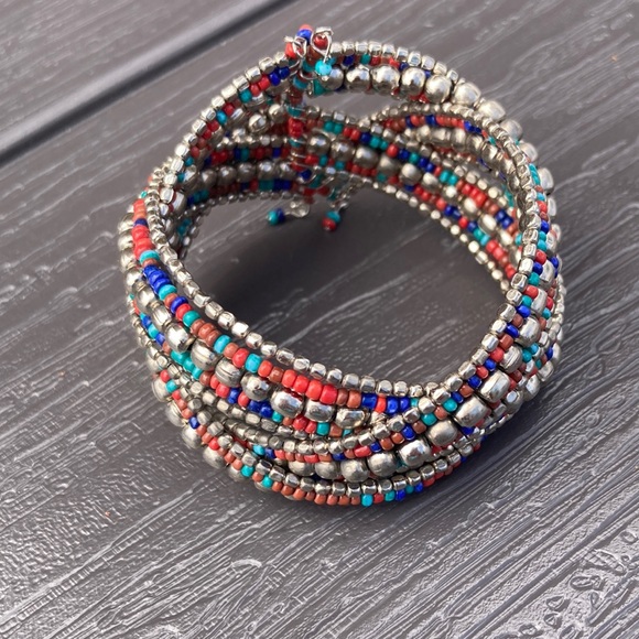 Jewelry - Beaded Cuff Bracelet Multicolored seed beads Silver accent beads